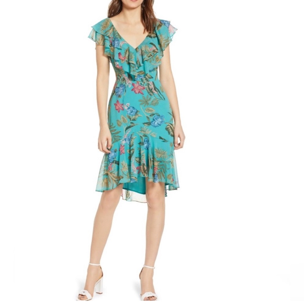 WAYF Chelsea Teal Tiered Ruffle High/Low Floral Print Maxi Dress Size XS